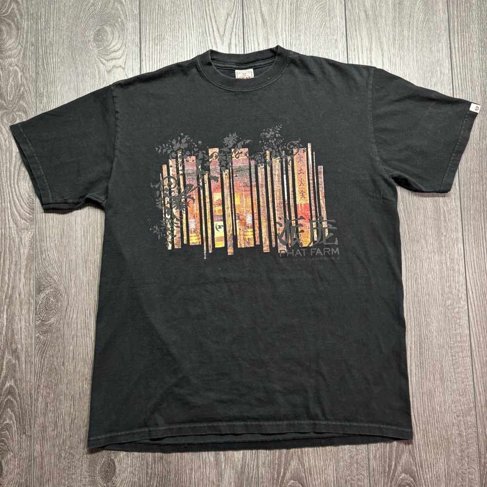 Phat Farm Mens Medium Shirt Black Asian Calligraphy Barcode Floral Print M